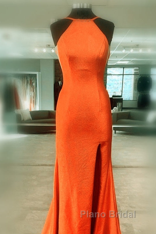 Mermaid Orange Formal Prom Dresses Halter Neck Split