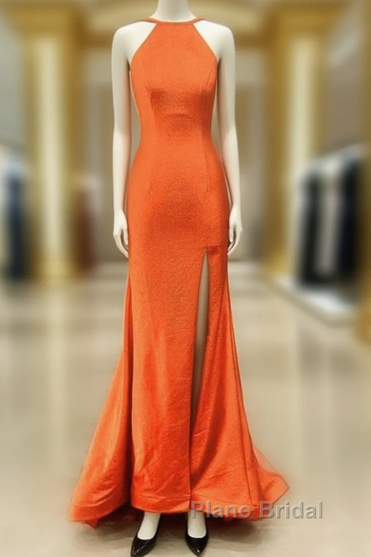 Mermaid Orange Formal Prom Dresses Halter Neck Split
