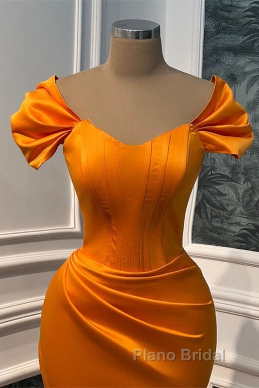 Mermaid Orange Satin Cap Sleeve Slit Dresses