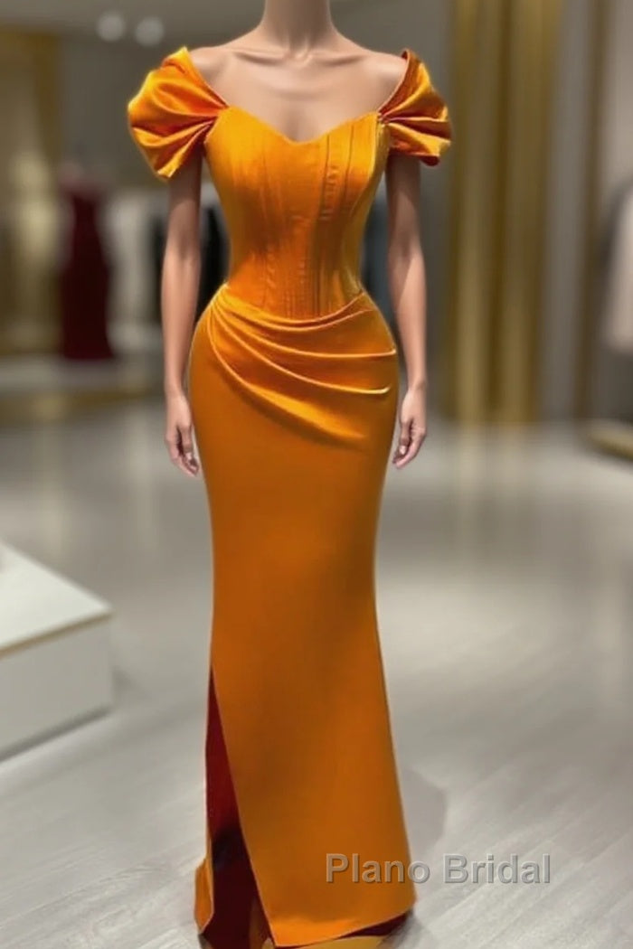 Mermaid Orange Satin Cap Sleeve Slit Dresses Main image