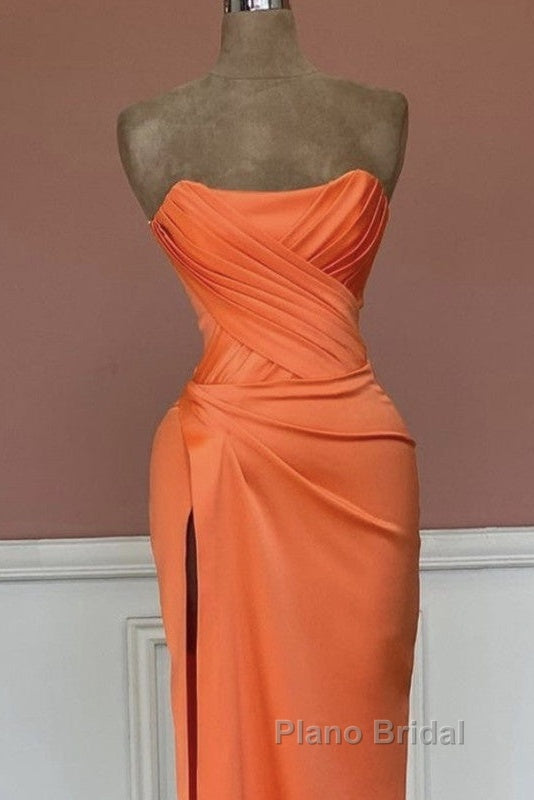Mermaid Orange Satin Strapless Split Gown