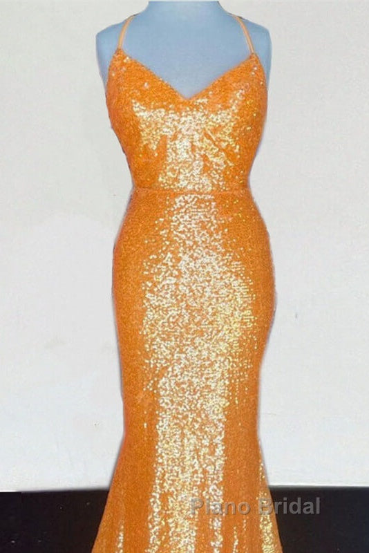 Mermaid Orange Sequin V Neck Dresses Secondary image