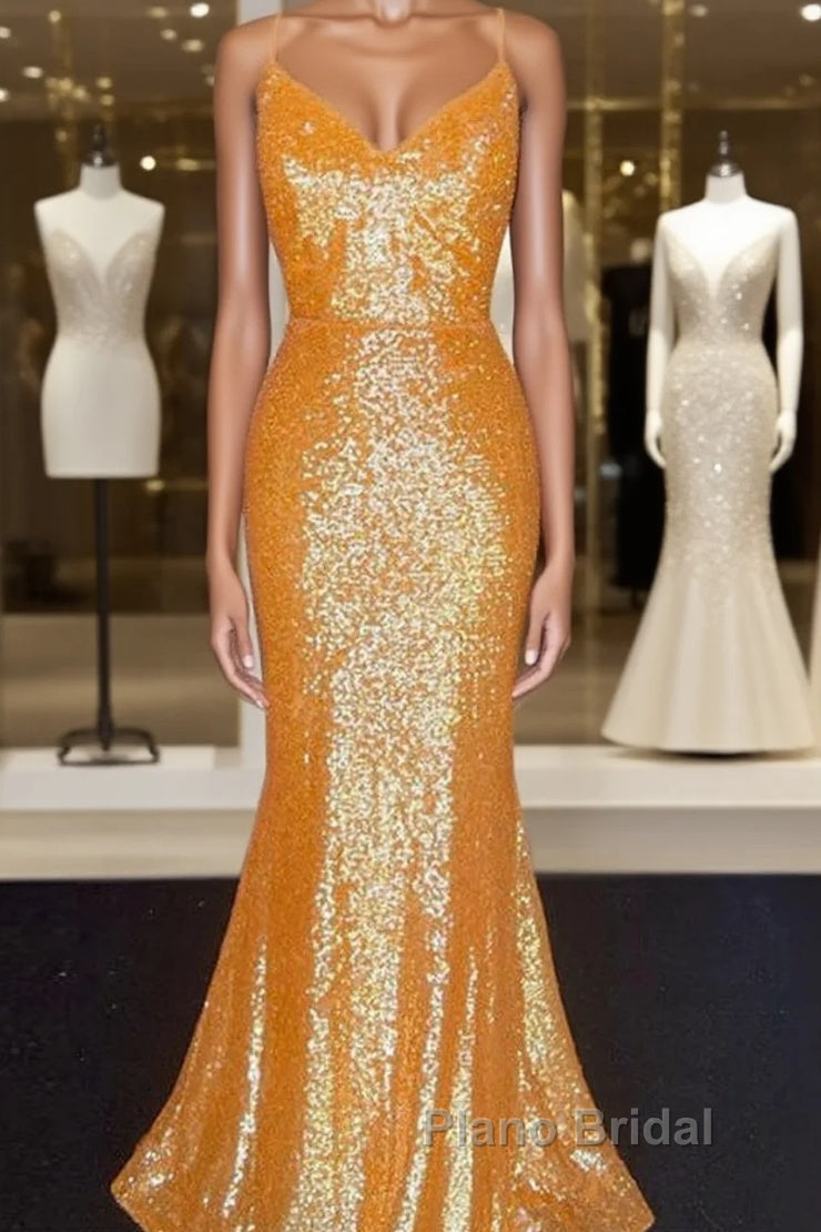 Mermaid Orange Sequin V Neck Dresses Main image