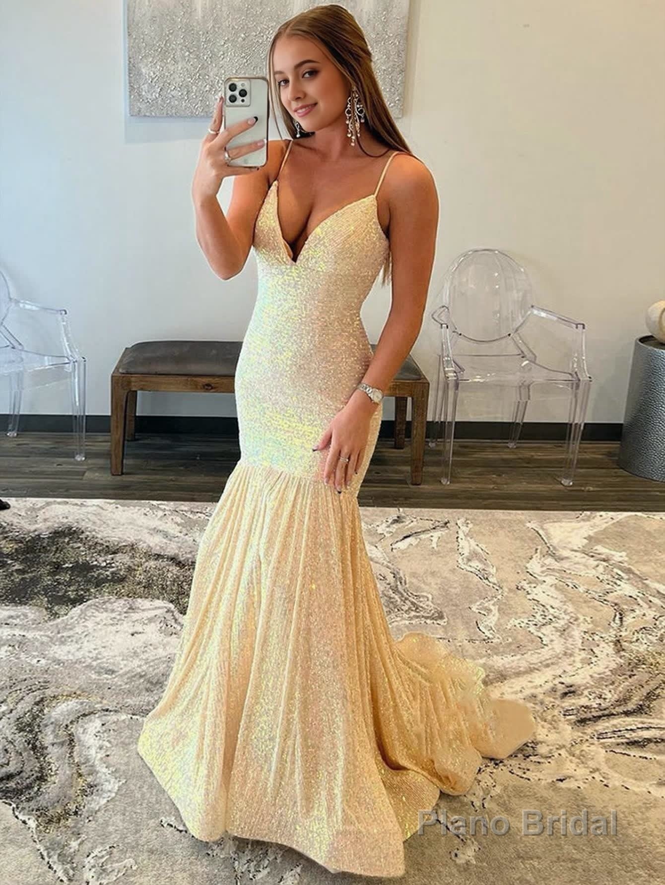 Mermaid Orange V Neck Sequins Prom Dress Secondary image