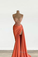 Mermaid Peach Formal Prom Dresses Appliques With Slit