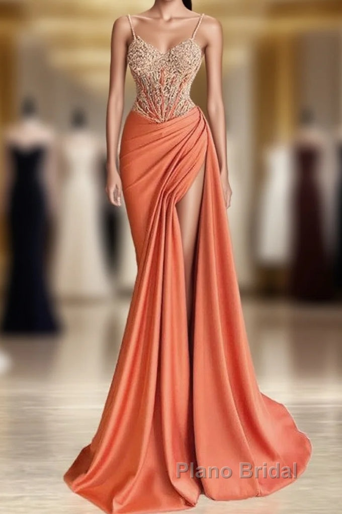Mermaid Peach Formal Prom Dresses Appliques With Slit