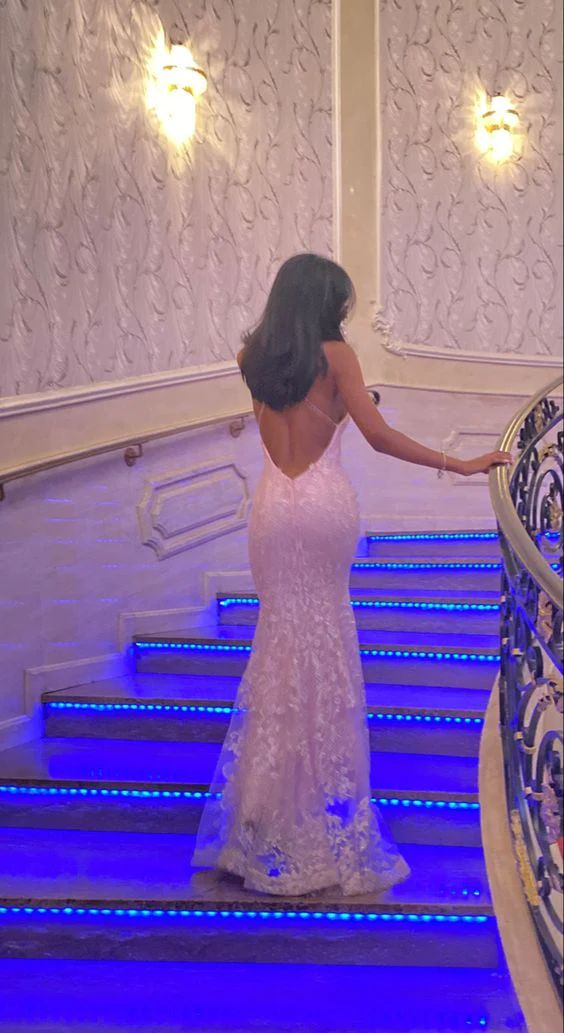 Mermaid Pink Tulle Lace Long Formal Prom Dresses Appliques Backless Formal Evening Party Dresses Secondary image