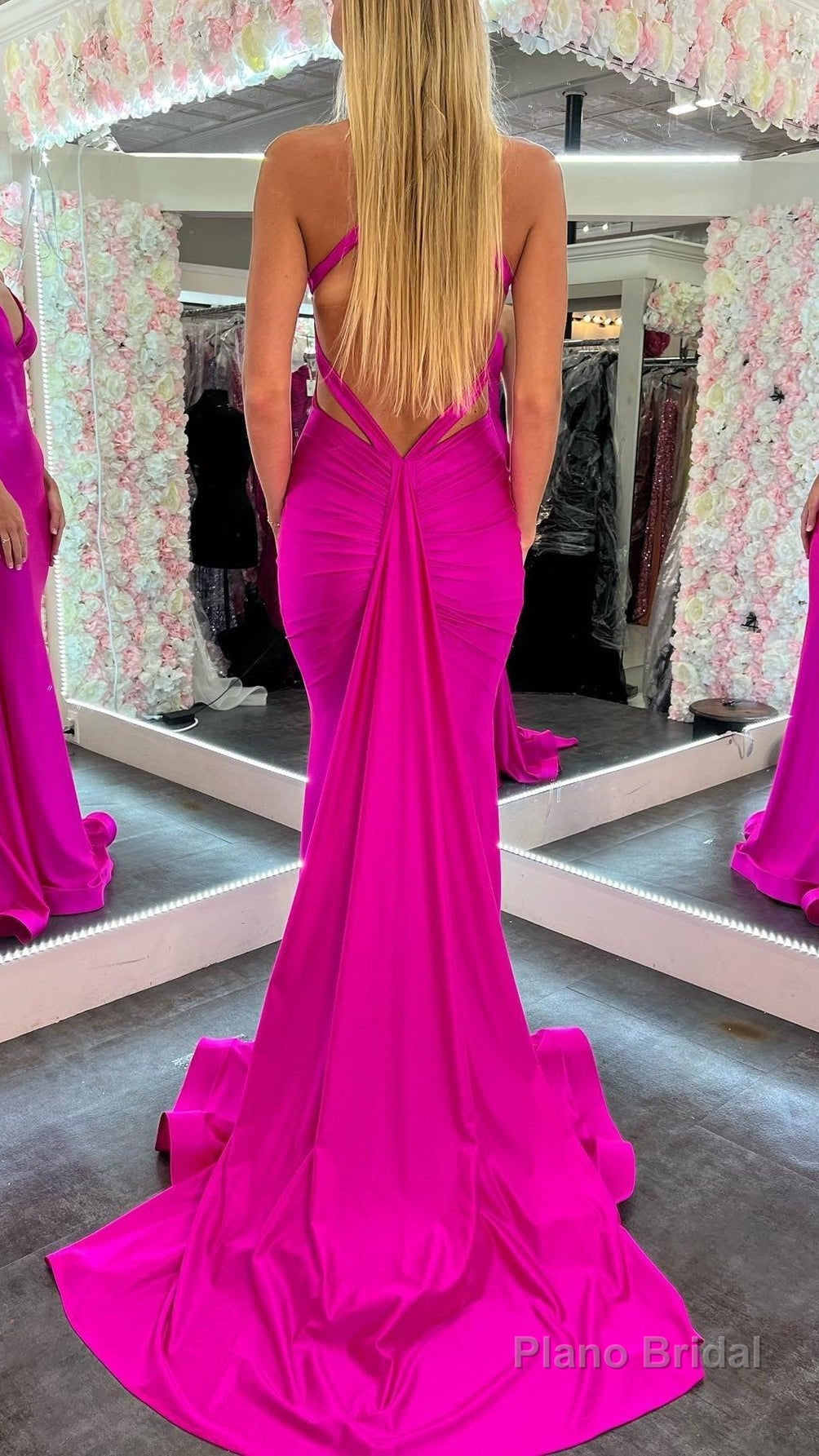 Mermaid Pink V Neck Backless Satin Long Prom Dress Secondary image