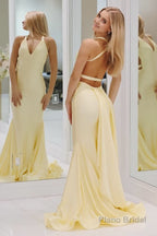 Mermaid Pink V Neck Backless Satin Long Prom Dress
