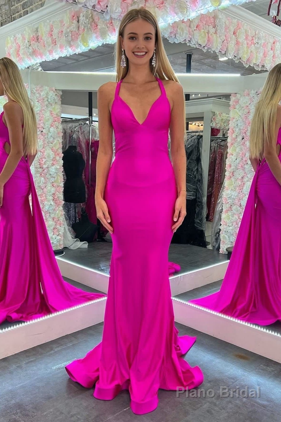 Mermaid Pink V Neck Backless Satin Long Prom Dress Main image