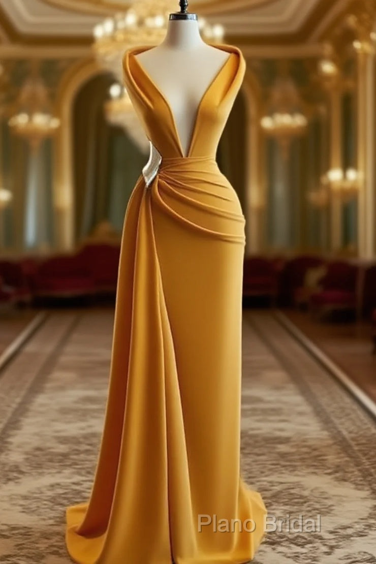 Mermaid Formal Prom Dresses Deep Neck Sexy Satin Formal Dresses Cheap Sweep Cocktail Dresses
