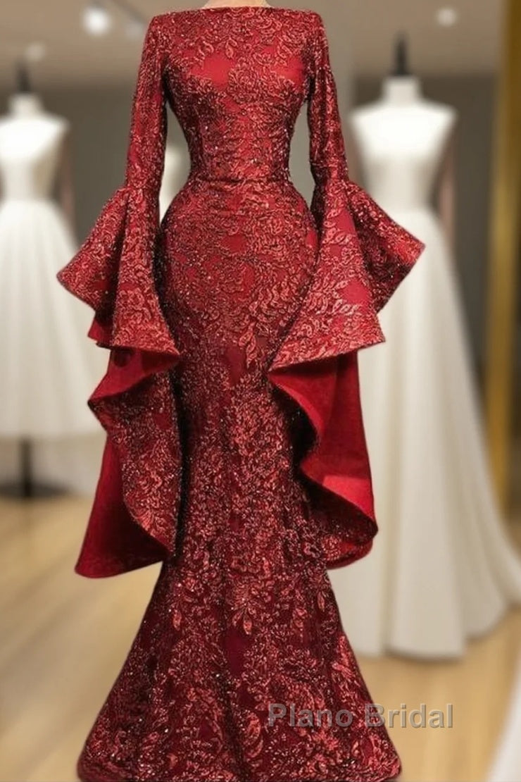 Mermaid Red Long Formal Prom Dresses, Sequin Formal Dresses