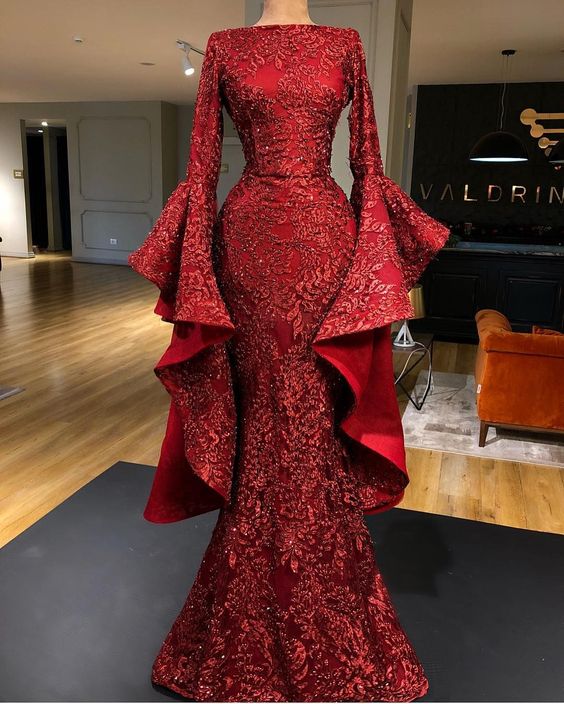 Mermaid Red Long Formal Prom Dresses, Sequin Formal Dresses