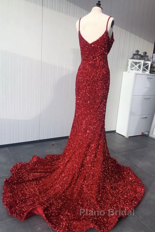 Mermaid Red Spaghetti Straps Velvet Sequin Formal Prom Dresses Secondary image