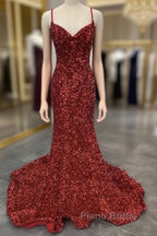 Mermaid Red Spaghetti Straps Velvet Sequin Formal Prom Dresses