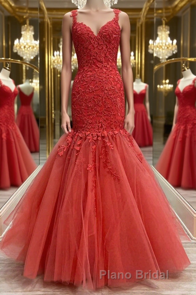 Mermaid Red Tulle Lace Long Formal Prom Dresses, Mermaid Red Formal Dresses, Red Lace Evening Dresses