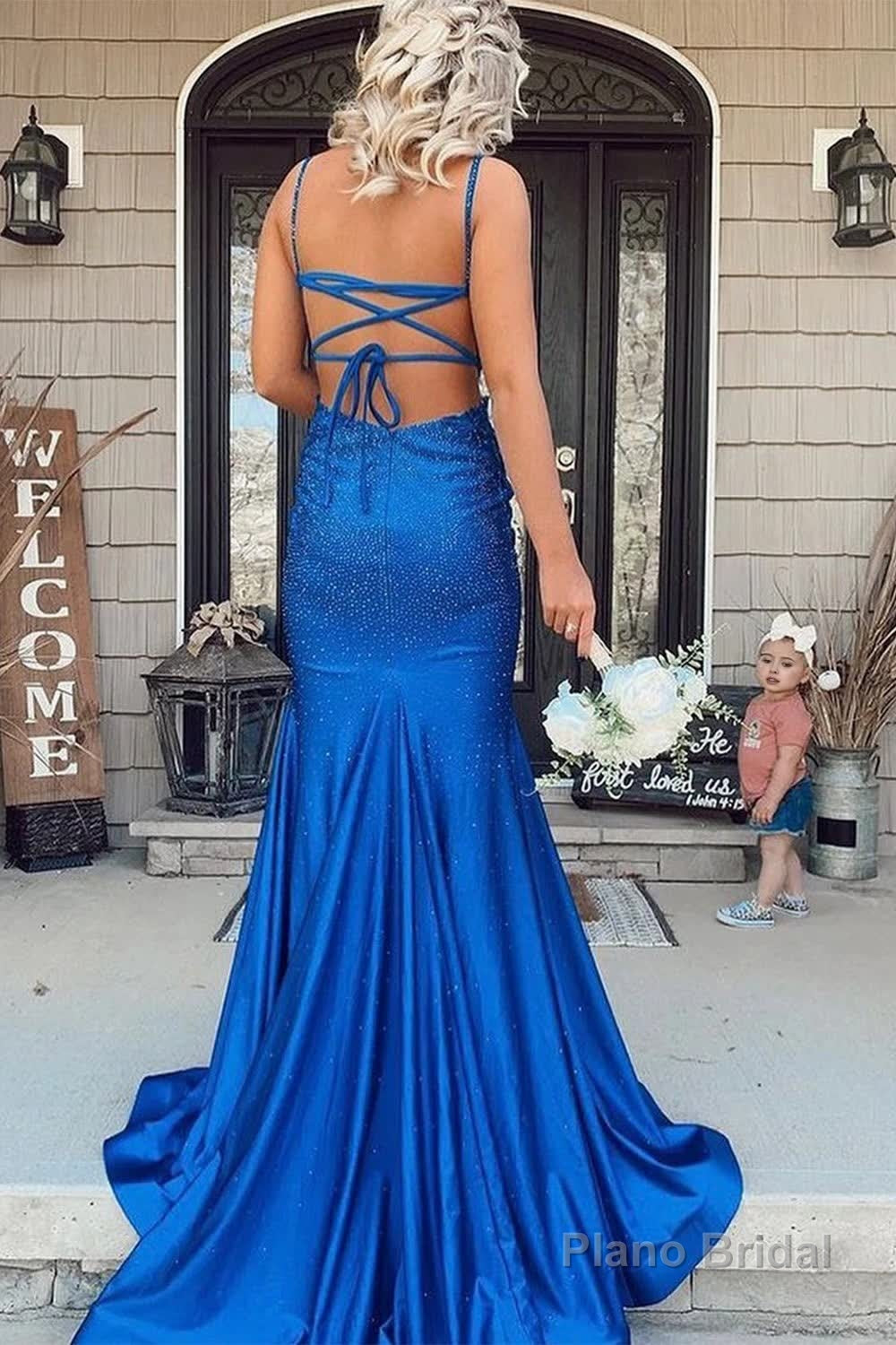 Mermaid Royal Blue Backless Long Prom Dress Evening Dress Secondary image
