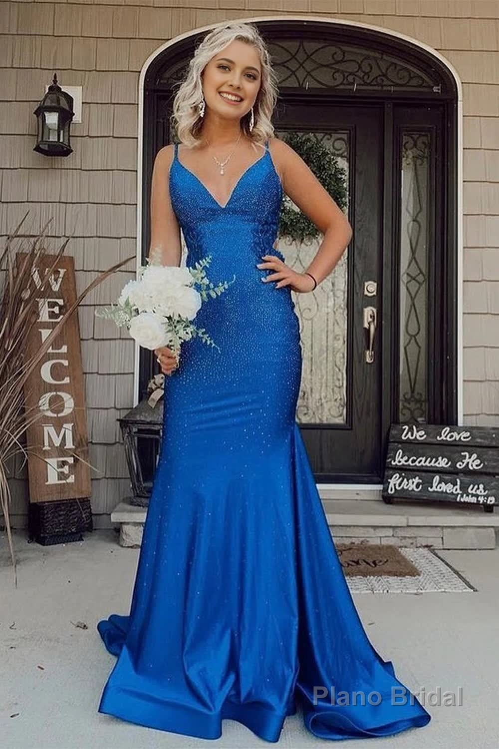 Mermaid Royal Blue Backless Long Prom Dress Evening Dress Main image