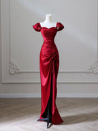 Mermaid Satin Burgundy Long Formal Prom Dresses, Mermaid Burgundy Long Formal Dresses