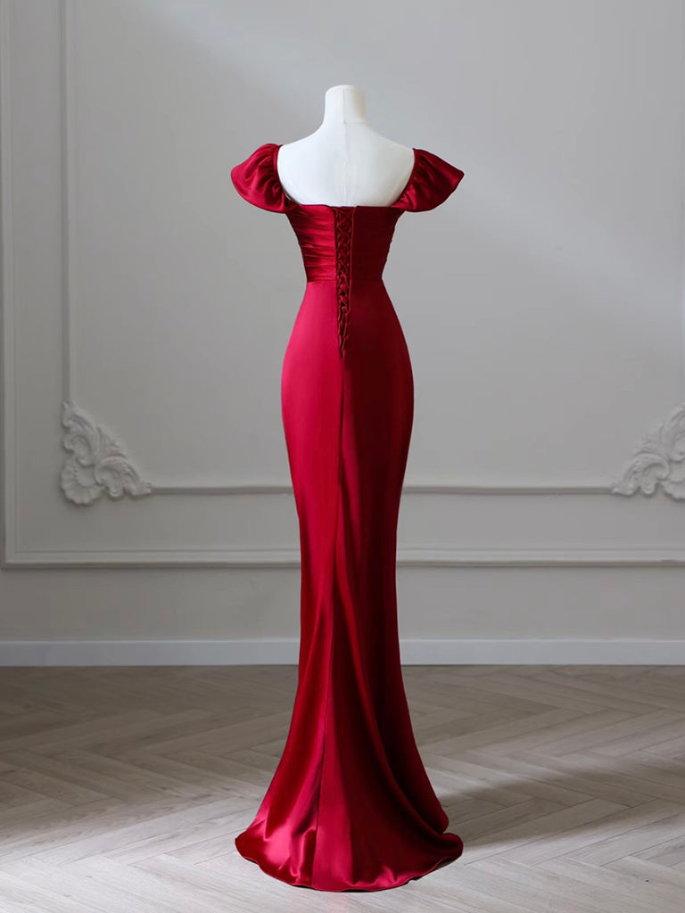 Mermaid Satin Burgundy Long Formal Prom Dresses, Mermaid Burgundy Long Formal Dresses