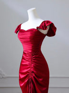 Mermaid Satin Burgundy Long Formal Prom Dresses, Mermaid Burgundy Long Formal Dresses