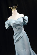 Mermaid Satin Floor Length Formal Prom Dresses, Blue Off The Shoulder Evening Party Dresses