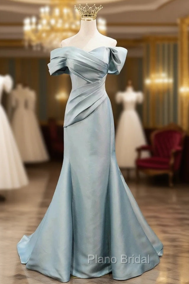 Mermaid Satin Floor Length Formal Prom Dresses, Blue Off The Shoulder Evening Party Dresses Main image