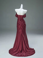 Mermaid Satin Off Shoulder Sweep Train Burgundy Formal Prom Dresses