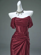 Mermaid Satin Off Shoulder Sweep Train Burgundy Formal Prom Dresses