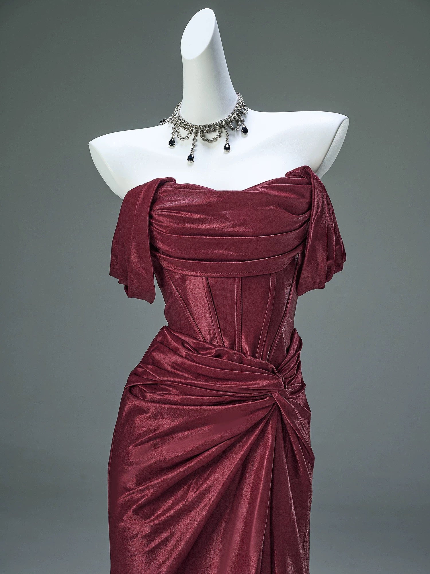 Mermaid Satin Off Shoulder Sweep Train Burgundy Formal Prom Dresses
