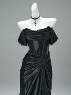 Mermaid Satin Off Shoulder Sweep Train Burgundy Formal Prom Dresses