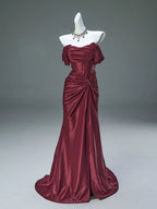 Mermaid Satin Off Shoulder Sweep Train Burgundy Formal Prom Dresses