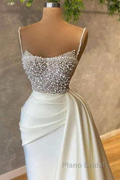 Mermaid Satin Spaghetti Strap Sweetheart Sequined Beaded Long Formal Prom Dresses Gorgeous Evening Dresses