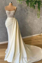 Mermaid Satin Spaghetti Strap Sweetheart Sequined Beaded Long Formal Prom Dresses Gorgeous Evening Dresses