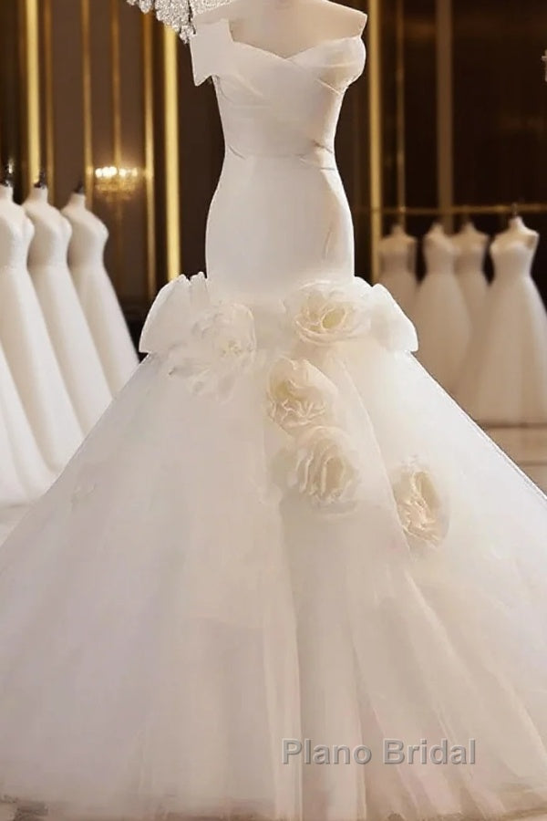 Mermaid Satin & Tulle Flowers Pleats Wedding Dresses