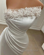 Mermaid Satin Wedding Dresses Long Strapless Dresses With Pearls