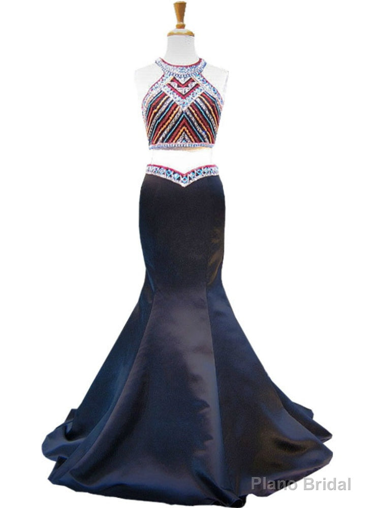 Mermaid Scoop Beaded Backless Black Two Piece Prom Dress Main image