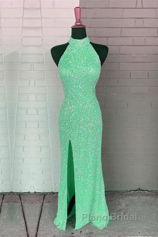 Mermaid Sequin Halter Slit Dresses