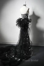 Mermaid Sequin Tulle Black Long Formal Prom Dresses, Black Long Formal Dresses