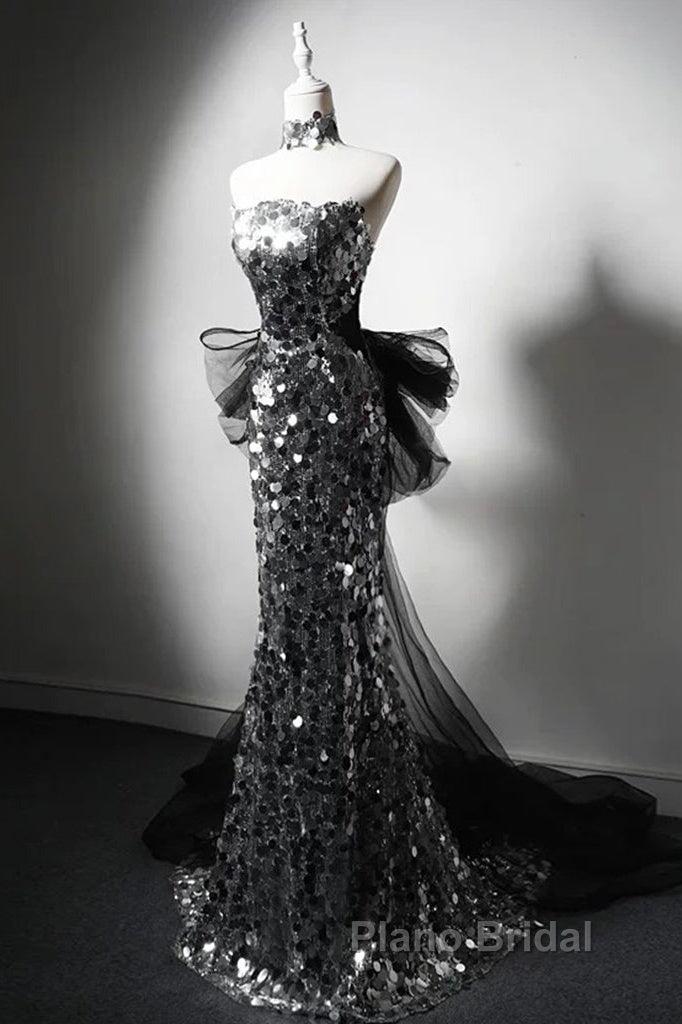 Mermaid Sequin Tulle Black Long Formal Prom Dresses, Black Long Formal Dresses