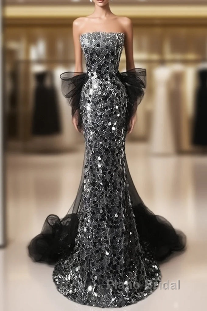 Mermaid Sequin Tulle Black Long Formal Prom Dresses, Black Long Formal Dresses