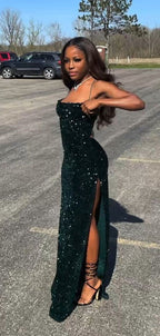 Mermaid Sequins Dark Green Long Formal Prom Dresses 22Th Birthday Outfits