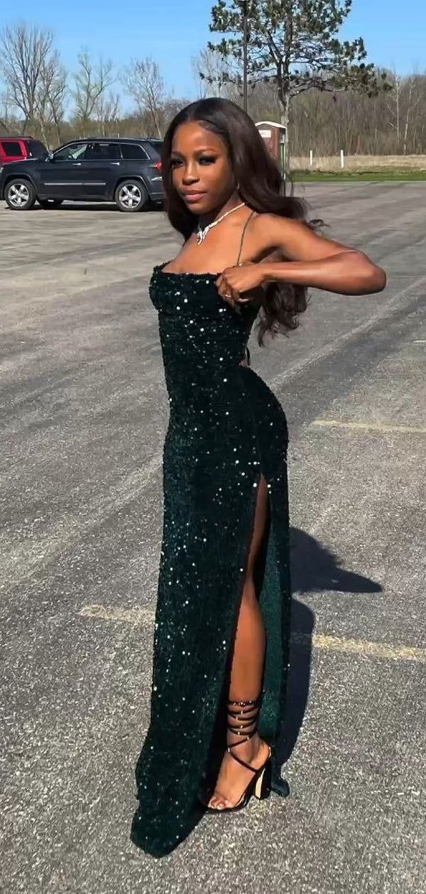 Mermaid Sequins Dark Green Long Formal Prom Dresses 22Th Birthday Outfits