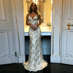 Sexy Mermaid Gold Sequin Tulle Long Backless Formal Prom Dresses Formal Evening Dresses