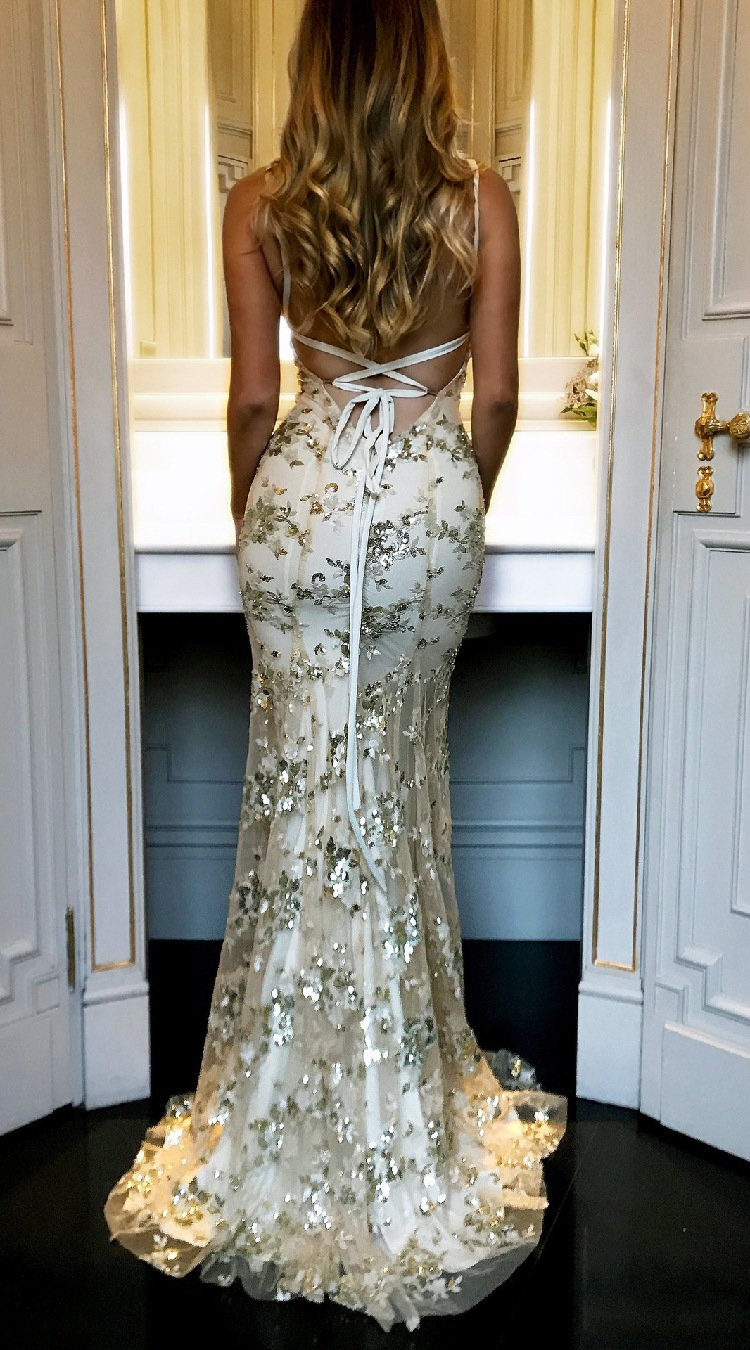 Sexy Mermaid Gold Sequin Tulle Long Backless Formal Prom Dresses Formal Evening Dresses
