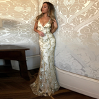 Sexy Mermaid Gold Sequin Tulle Long Backless Formal Prom Dresses Formal Evening Dresses