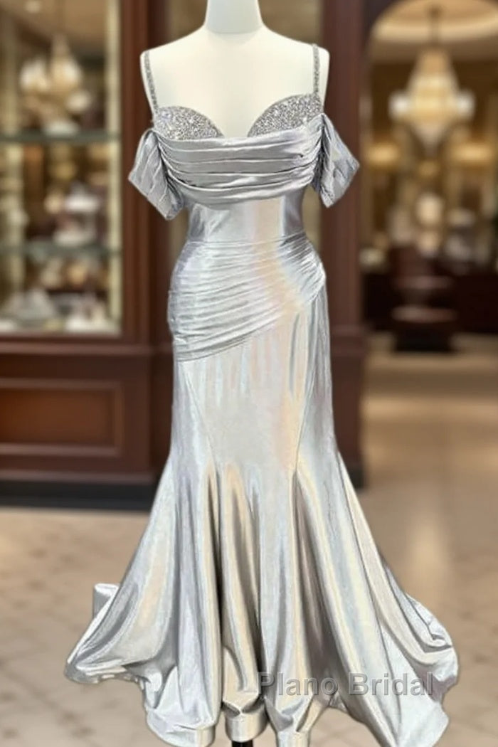 Mermaid Silver Satin Cold Shoulder Dresses Main image