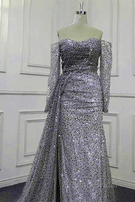 Mermaid Silver Sequin Beaded Off Shoulder Dresses Secondary image