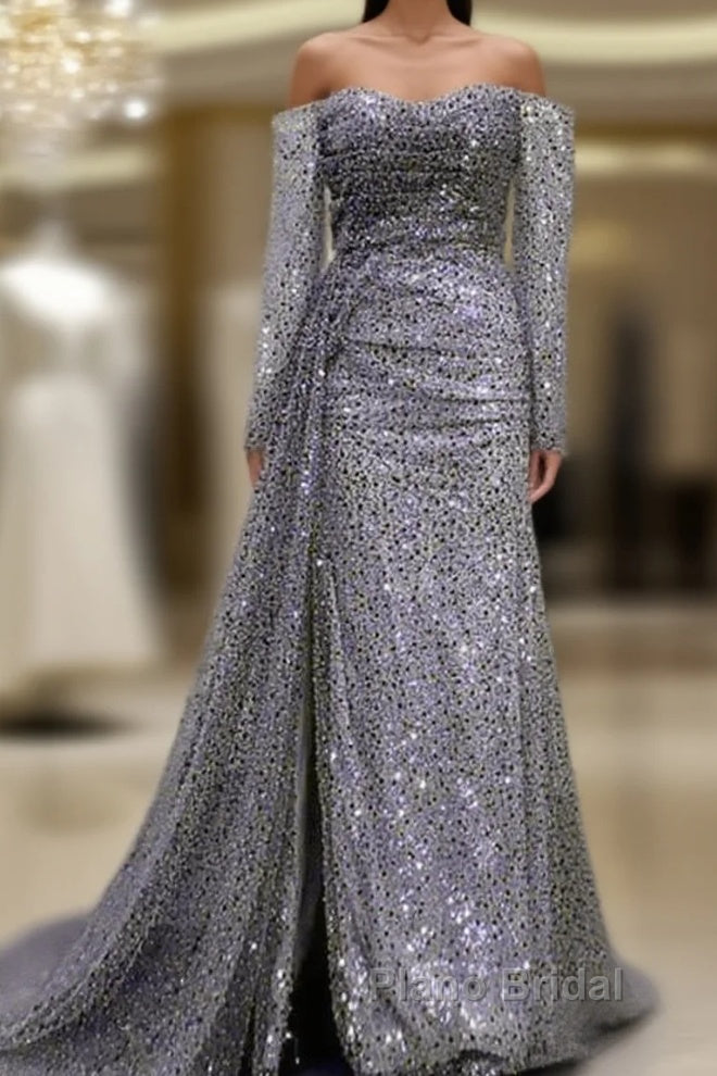 Mermaid Silver Sequin Beaded Off Shoulder Dresses