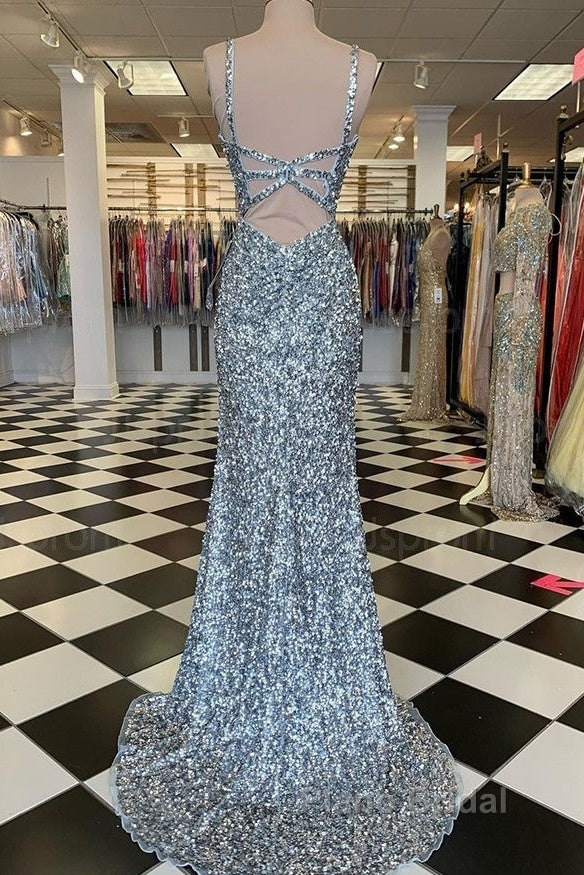 Mermaid Silver Sequin Formal Prom Dresses V-Neck Long Formal Gown Slit Secondary image
